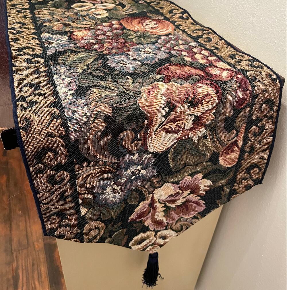 Vintage Woven Tapestry Table Runner Tassles Floral Cottagecore Table Linens